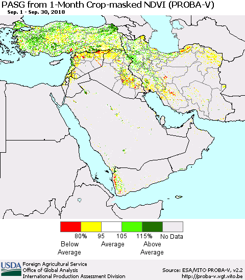 Middle East and Turkey PASG from 1-Month Crop-masked NDVI (PROBA-V) Thematic Map For 9/21/2018 - 9/30/2018