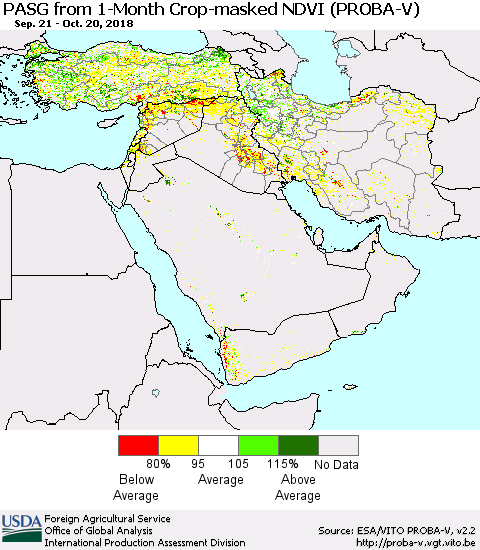 Middle East and Turkey PASG from 1-Month Crop-masked NDVI (PROBA-V) Thematic Map For 10/11/2018 - 10/20/2018