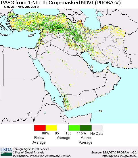 Middle East and Turkey PASG from 1-Month Crop-masked NDVI (PROBA-V) Thematic Map For 11/11/2018 - 11/20/2018