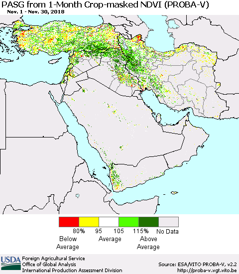 Middle East and Turkey PASG from 1-Month Crop-masked NDVI (PROBA-V) Thematic Map For 11/21/2018 - 11/30/2018