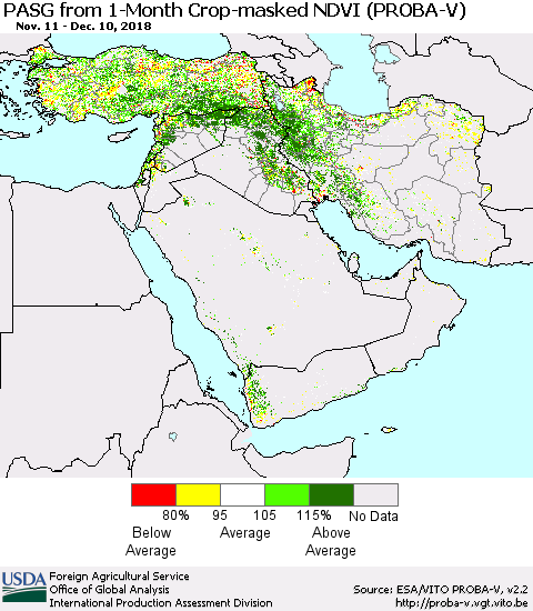 Middle East and Turkey PASG from 1-Month Crop-masked NDVI (PROBA-V) Thematic Map For 12/1/2018 - 12/10/2018
