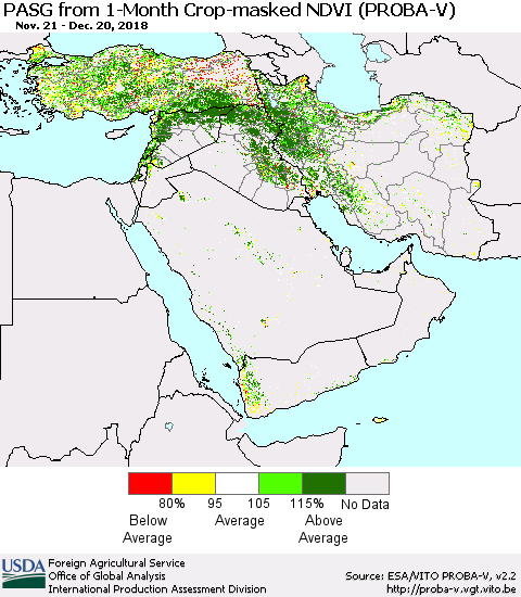 Middle East and Turkey PASG from 1-Month Crop-masked NDVI (PROBA-V) Thematic Map For 12/11/2018 - 12/20/2018