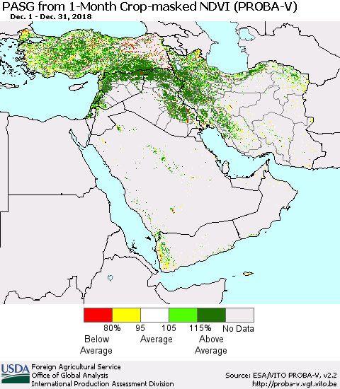 Middle East and Turkey PASG from 1-Month Crop-masked NDVI (PROBA-V) Thematic Map For 12/21/2018 - 12/31/2018