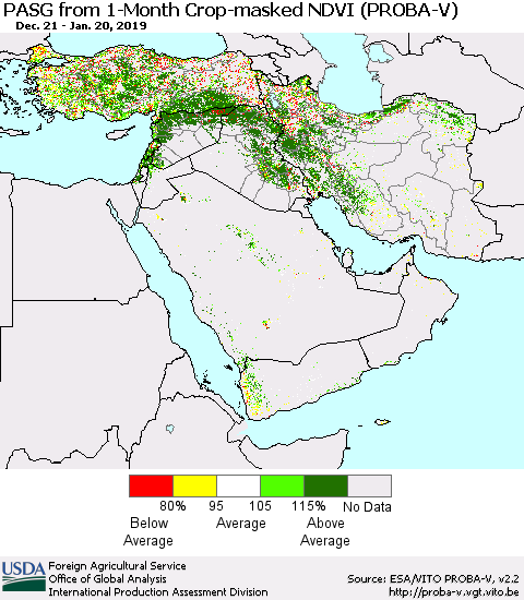 Middle East and Turkey PASG from 1-Month Crop-masked NDVI (PROBA-V) Thematic Map For 1/11/2019 - 1/20/2019