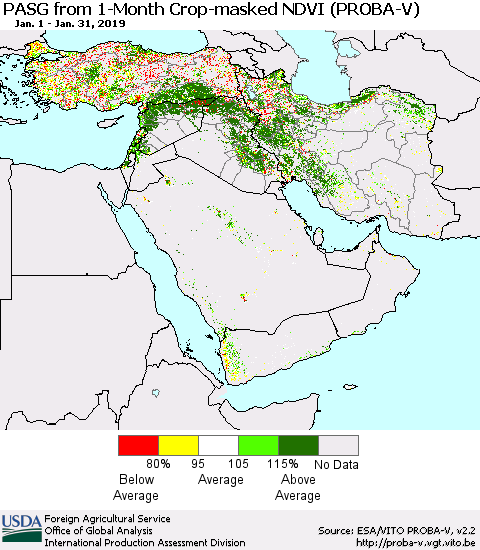 Middle East and Turkey PASG from 1-Month Crop-masked NDVI (PROBA-V) Thematic Map For 1/21/2019 - 1/31/2019