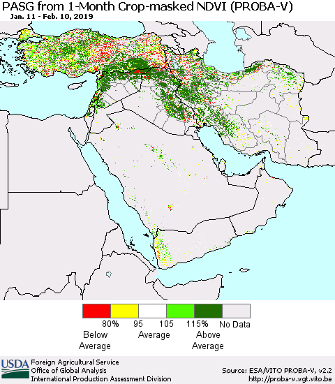 Middle East and Turkey PASG from 1-Month Crop-masked NDVI (PROBA-V) Thematic Map For 2/1/2019 - 2/10/2019