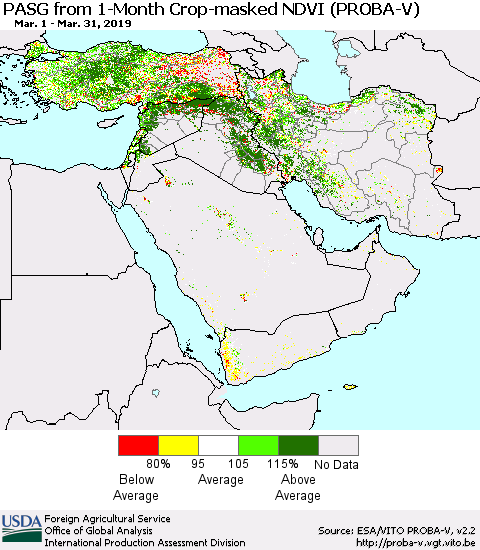 Middle East and Turkey PASG from 1-Month Crop-masked NDVI (PROBA-V) Thematic Map For 3/21/2019 - 3/31/2019