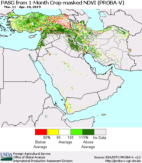 Middle East and Turkey PASG from 1-Month Crop-masked NDVI (PROBA-V) Thematic Map For 4/1/2019 - 4/10/2019