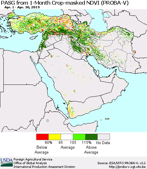 Middle East and Turkey PASG from 1-Month Crop-masked NDVI (PROBA-V) Thematic Map For 4/21/2019 - 4/30/2019