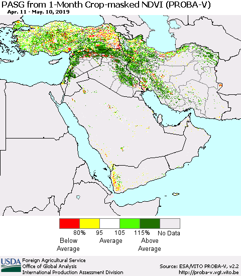 Middle East and Turkey PASG from 1-Month Crop-masked NDVI (PROBA-V) Thematic Map For 5/1/2019 - 5/10/2019