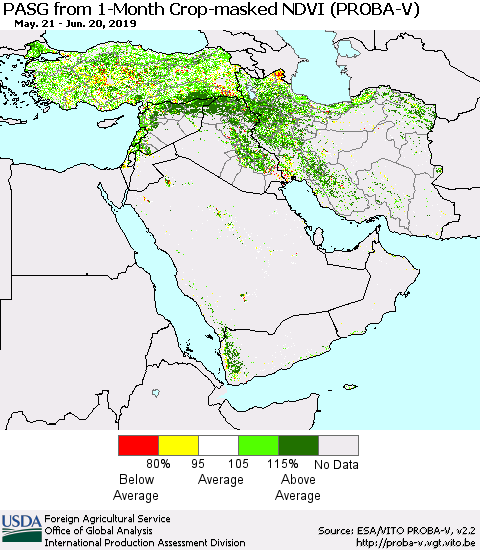 Middle East and Turkey PASG from 1-Month Crop-masked NDVI (PROBA-V) Thematic Map For 6/11/2019 - 6/20/2019