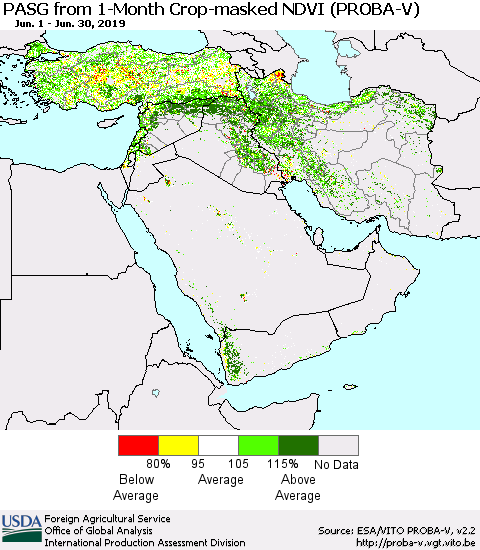 Middle East and Turkey PASG from 1-Month Crop-masked NDVI (PROBA-V) Thematic Map For 6/21/2019 - 6/30/2019