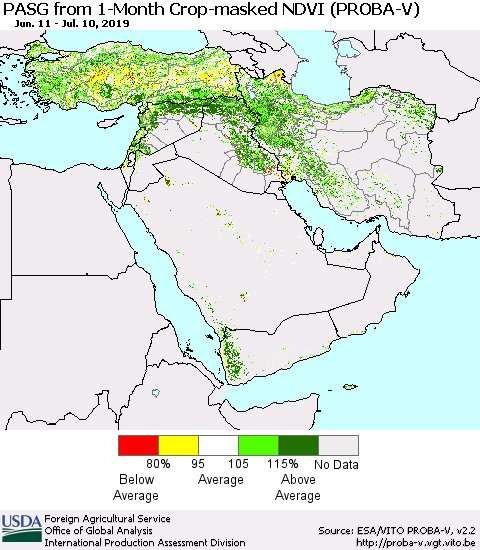 Middle East and Turkey PASG from 1-Month Crop-masked NDVI (PROBA-V) Thematic Map For 7/1/2019 - 7/10/2019