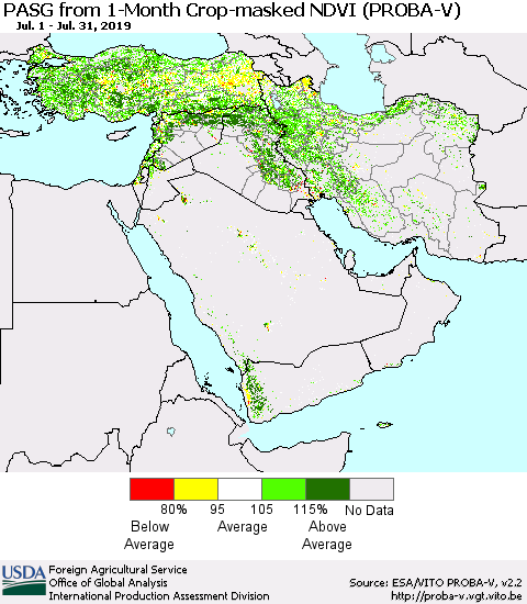 Middle East and Turkey PASG from 1-Month Crop-masked NDVI (PROBA-V) Thematic Map For 7/21/2019 - 7/31/2019