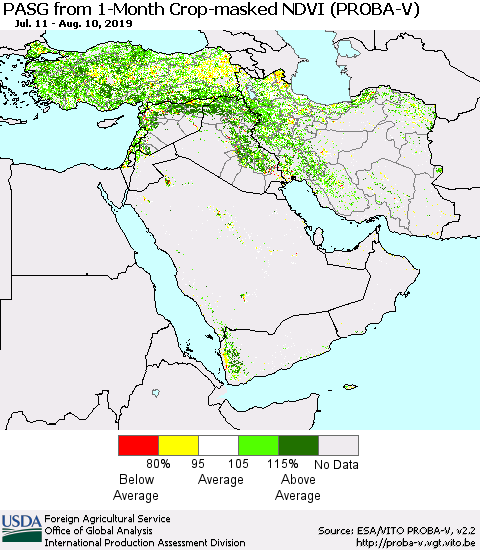 Middle East and Turkey PASG from 1-Month Crop-masked NDVI (PROBA-V) Thematic Map For 8/1/2019 - 8/10/2019