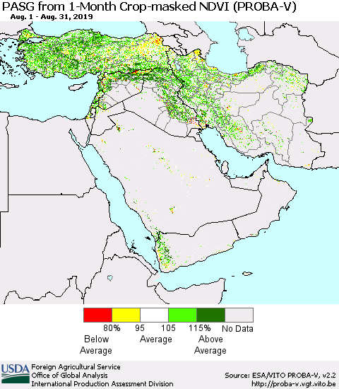 Middle East and Turkey PASG from 1-Month Crop-masked NDVI (PROBA-V) Thematic Map For 8/21/2019 - 8/31/2019