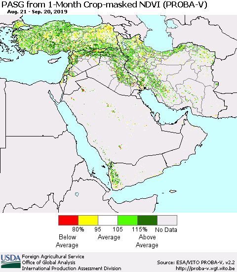 Middle East and Turkey PASG from 1-Month Crop-masked NDVI (PROBA-V) Thematic Map For 9/11/2019 - 9/20/2019