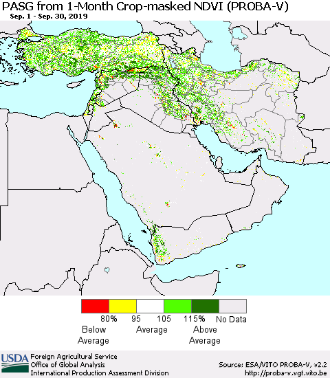 Middle East and Turkey PASG from 1-Month Crop-masked NDVI (PROBA-V) Thematic Map For 9/21/2019 - 9/30/2019