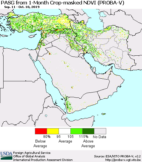 Middle East and Turkey PASG from 1-Month Crop-masked NDVI (PROBA-V) Thematic Map For 10/1/2019 - 10/10/2019