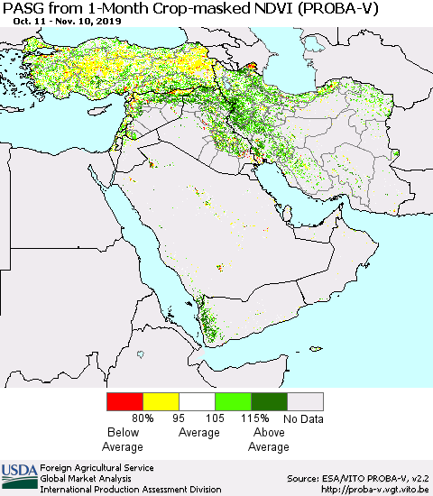 Middle East and Turkey PASG from 1-Month Crop-masked NDVI (PROBA-V) Thematic Map For 11/1/2019 - 11/10/2019