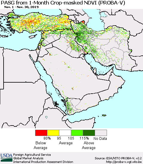 Middle East and Turkey PASG from 1-Month Crop-masked NDVI (PROBA-V) Thematic Map For 11/21/2019 - 11/30/2019