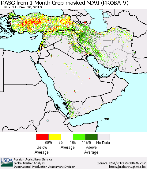 Middle East and Turkey PASG from 1-Month Crop-masked NDVI (PROBA-V) Thematic Map For 12/1/2019 - 12/10/2019