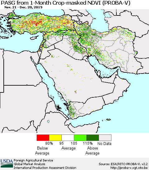 Middle East and Turkey PASG from 1-Month Crop-masked NDVI (PROBA-V) Thematic Map For 12/11/2019 - 12/20/2019