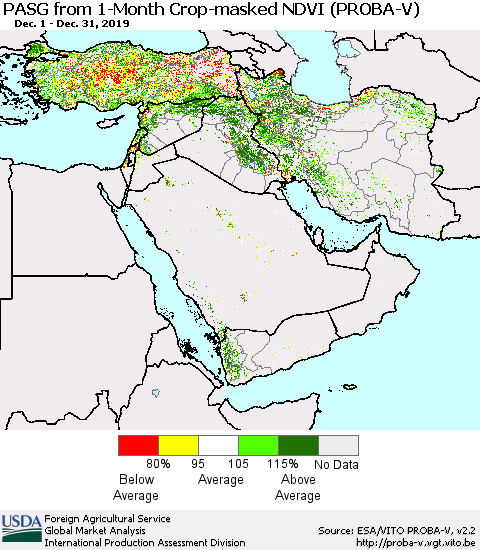 Middle East and Turkey PASG from 1-Month Crop-masked NDVI (PROBA-V) Thematic Map For 12/21/2019 - 12/31/2019