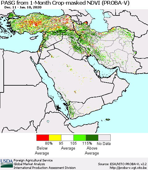 Middle East and Turkey PASG from 1-Month Crop-masked NDVI (PROBA-V) Thematic Map For 1/1/2020 - 1/10/2020
