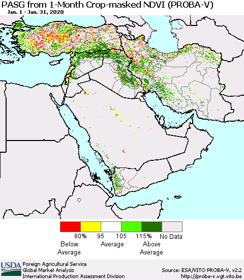 Middle East and Turkey PASG from 1-Month Crop-masked NDVI (PROBA-V) Thematic Map For 1/21/2020 - 1/31/2020