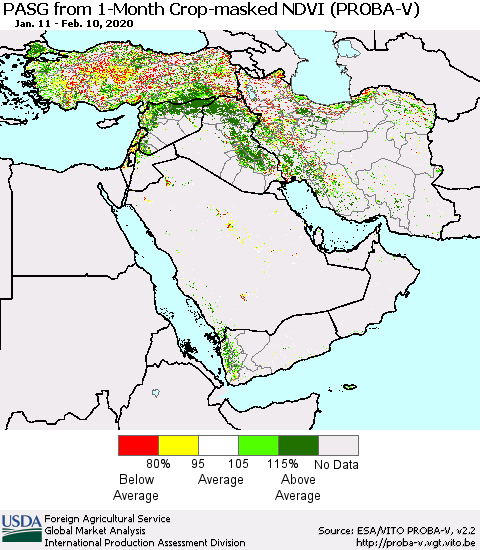 Middle East and Turkey PASG from 1-Month Crop-masked NDVI (PROBA-V) Thematic Map For 2/1/2020 - 2/10/2020