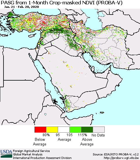 Middle East and Turkey PASG from 1-Month Crop-masked NDVI (PROBA-V) Thematic Map For 2/11/2020 - 2/20/2020