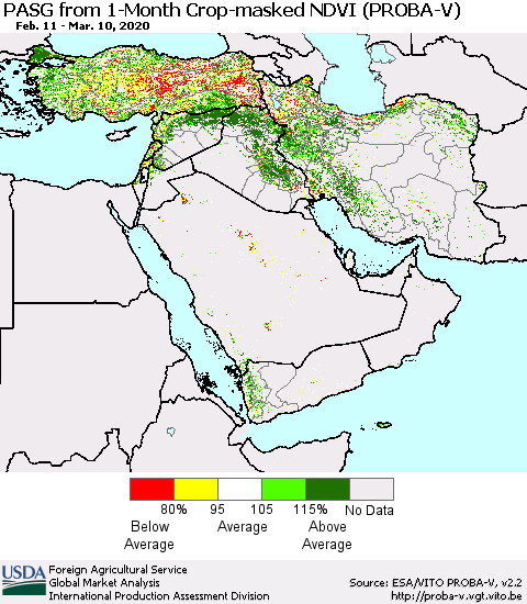 Middle East and Turkey PASG from 1-Month Crop-masked NDVI (PROBA-V) Thematic Map For 3/1/2020 - 3/10/2020