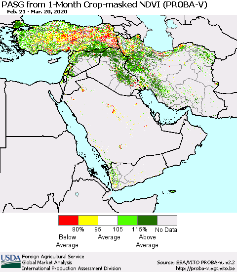 Middle East and Turkey PASG from 1-Month Crop-masked NDVI (PROBA-V) Thematic Map For 3/11/2020 - 3/20/2020