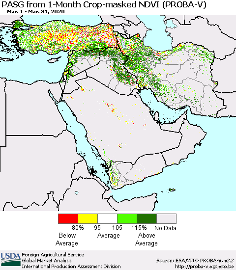 Middle East and Turkey PASG from 1-Month Crop-masked NDVI (PROBA-V) Thematic Map For 3/21/2020 - 3/31/2020