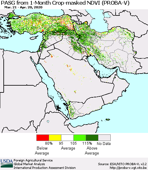 Middle East and Turkey PASG from 1-Month Crop-masked NDVI (PROBA-V) Thematic Map For 4/11/2020 - 4/20/2020