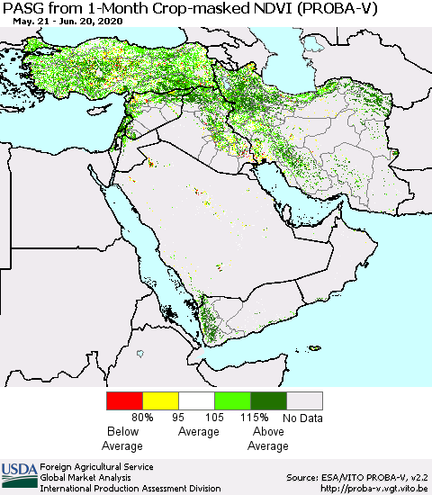 Middle East and Turkey PASG from 1-Month Crop-masked NDVI (PROBA-V) Thematic Map For 6/11/2020 - 6/20/2020