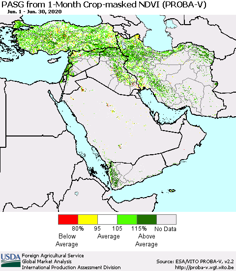 Middle East and Turkey PASG from 1-Month Crop-masked NDVI (PROBA-V) Thematic Map For 6/21/2020 - 6/30/2020