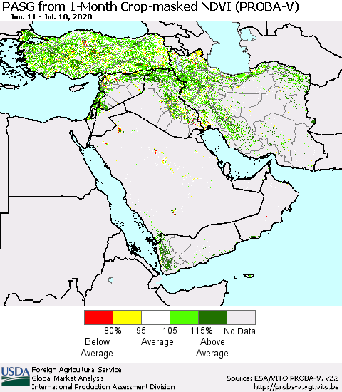 Middle East and Turkey PASG from 1-Month Crop-masked NDVI (PROBA-V) Thematic Map For 7/1/2020 - 7/10/2020