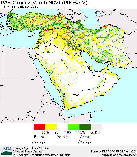 Middle East and Turkey PASG from 2-Month NDVI (PROBA-V) Thematic Map For 1/1/2018 - 1/10/2018