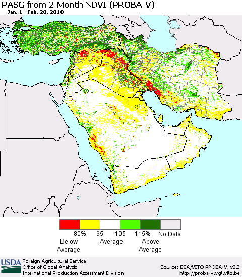 Middle East and Turkey PASG from 2-Month NDVI (PROBA-V) Thematic Map For 2/21/2018 - 2/28/2018