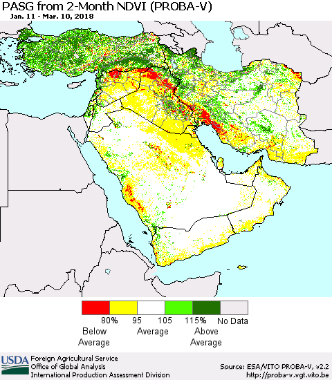Middle East and Turkey PASG from 2-Month NDVI (PROBA-V) Thematic Map For 3/1/2018 - 3/10/2018