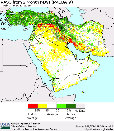 Middle East and Turkey PASG from 2-Month NDVI (PROBA-V) Thematic Map For 3/21/2018 - 3/31/2018