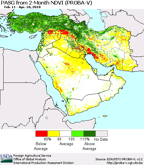 Middle East and Turkey PASG from 2-Month NDVI (PROBA-V) Thematic Map For 4/1/2018 - 4/10/2018