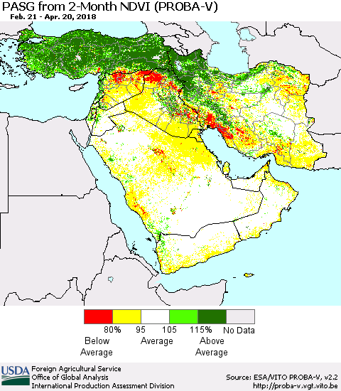 Middle East and Turkey PASG from 2-Month NDVI (PROBA-V) Thematic Map For 4/11/2018 - 4/20/2018