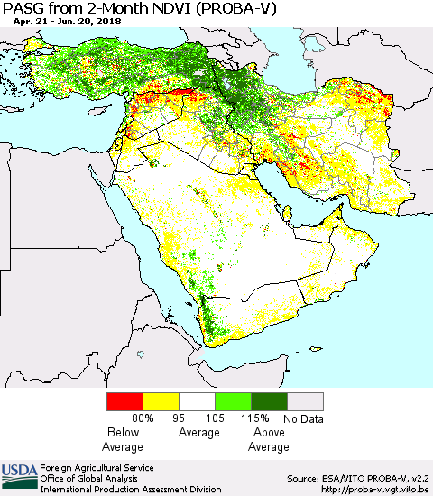 Middle East and Turkey PASG from 2-Month NDVI (PROBA-V) Thematic Map For 6/11/2018 - 6/20/2018