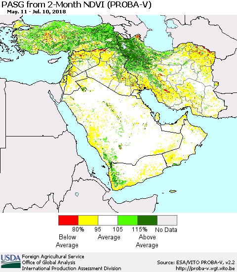 Middle East and Turkey PASG from 2-Month NDVI (PROBA-V) Thematic Map For 7/1/2018 - 7/10/2018