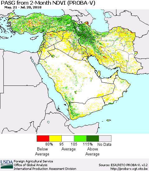 Middle East and Turkey PASG from 2-Month NDVI (PROBA-V) Thematic Map For 7/11/2018 - 7/20/2018