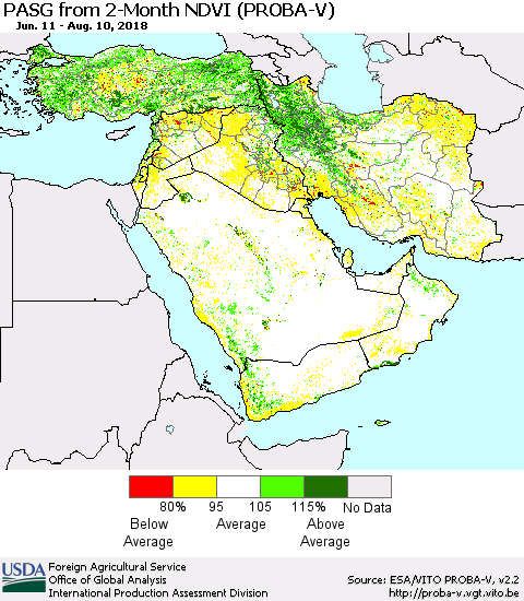 Middle East and Turkey PASG from 2-Month NDVI (PROBA-V) Thematic Map For 8/1/2018 - 8/10/2018