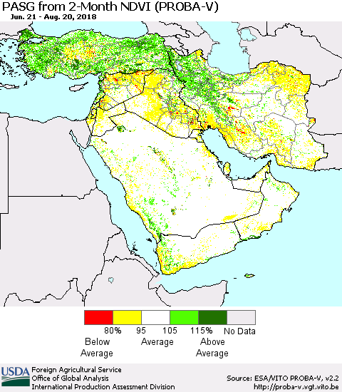 Middle East and Turkey PASG from 2-Month NDVI (PROBA-V) Thematic Map For 8/11/2018 - 8/20/2018